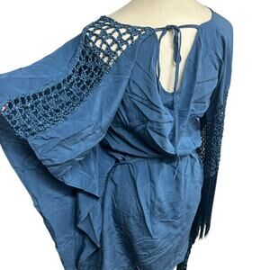 Silk Crochet Fringe Tunic Dress M‎ Blue Gold Hawk Boho Luxe Festival Romantic
